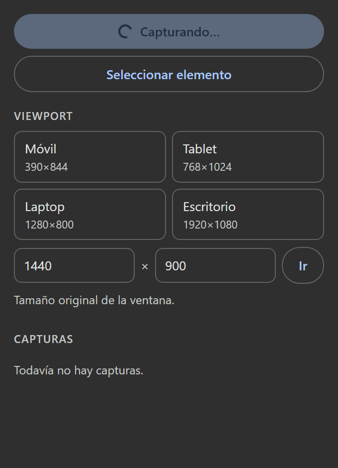 El panel lateral de HTML a Figma, con los tamaños de viewport y la lista de capturas.
